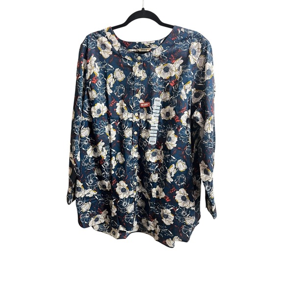 Duluth Trading Wrinkle Fighter Tunic Top M Blue Poppy Floral Button Down Shirt - Picture 2 of 7